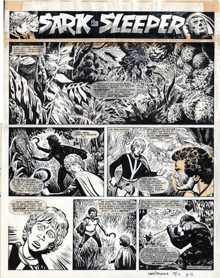 The original art for the opening page of "Sark the Sleeper", art by José Antonio Muñoz, from Lion, cover dated 15 December 1973. With thanks to David Roach