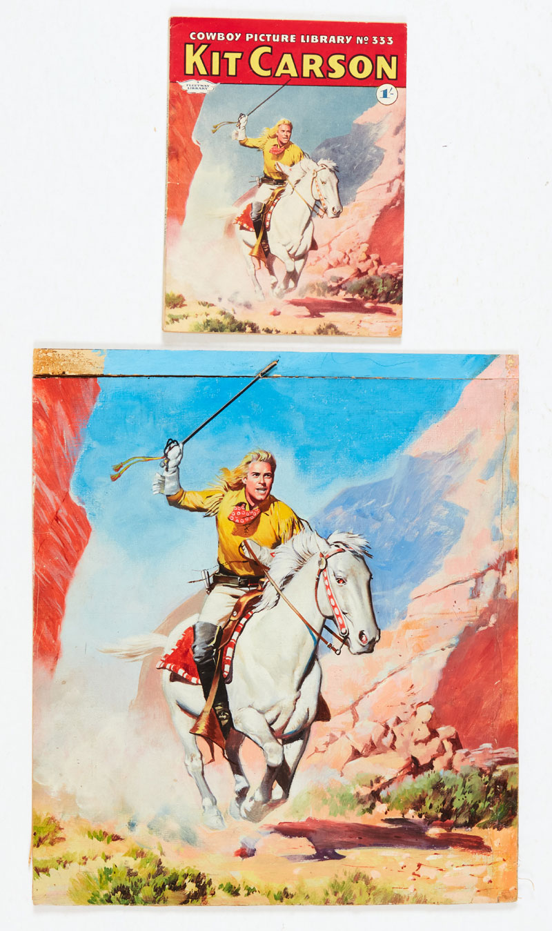 Kit Carson original cover artwork (1959) by Jordi Penalva for Cowboy Picture Library No 333 also included in the lot. Narrow piece added to top margin. Gouache on board backed canvas, 12 x 11 ins