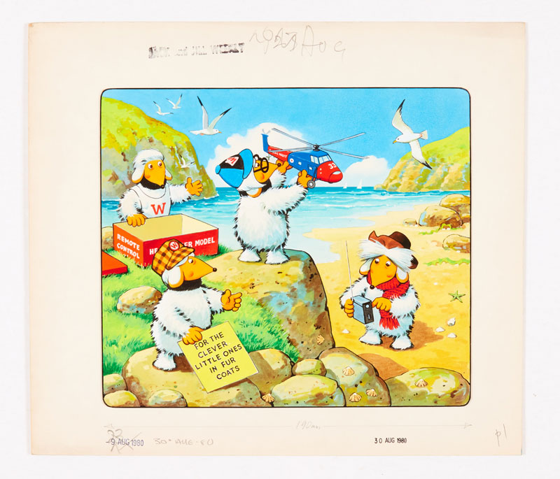 Wombles original front cover artwork (1980) by Jesus Blasco for Jack and Jill Weekly cover dated 30th August 1980.  Featuring Orinoco, Tobermory, Bungo and Wellington launch a remote-controlled Royal Navy helicopter. Gouache on board. 15 x 13 ins
