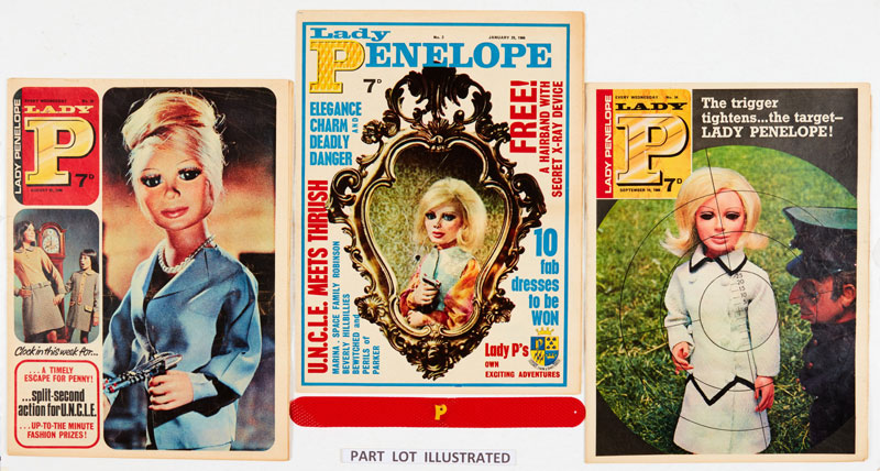 Lady Penelope (1966-69 City Magazine) 1-122. Complete run including No 2 wfg Hairband (with secret X-Ray device) and No 53 wfg Lady Penelope Rain Hat. Starring Gerry Anderson's Lady P, the Man from U.N.C.L.E by Frank Langford, Perils of Parker by Peter Ford, Space Family Robinson by John Burns, Marina, The Angels, The Monkees, FAB Club fashion, Pop Pics and cookery recipes, ‘Your Post, M'Lady’ and Stop Press! stories from Lady Penelope's Top Secret Dossiers
From The Woodard Archive of British Comics | No 1 [fn], 4, 9, 38, 65, 79 [vg+], balance 116 issues [fn/fn+/vfn+] (122)