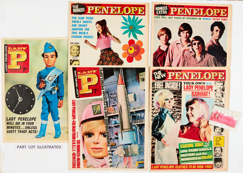 Lady Penelope (1966-69 City Magazine) 1-122. Complete run including No 2 wfg Hairband (with secret X-Ray device) and No 53 wfg Lady Penelope Rain Hat. Starring Gerry Anderson's Lady P, the Man from U.N.C.L.E by Frank Langford, Perils of Parker by Peter Ford, Space Family Robinson by John Burns, Marina, The Angels, The Monkees, FAB Club fashion, Pop Pics and cookery recipes, ‘Your Post, M'Lady’ and Stop Press! stories from Lady Penelope's Top Secret Dossiers
From The Woodard Archive of British Comics | No 1 [fn], 4, 9, 38, 65, 79 [vg+], balance 116 issues [fn/fn+/vfn+] (122)