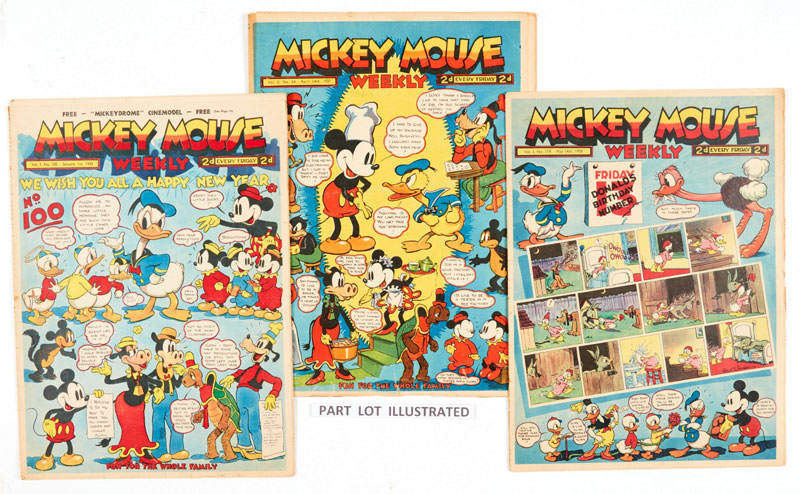Mickey Mouse Weekly (1936-42) from Odhams Press Art Dept. No 1 [vg-] with Post Toasties Post ad page supplement, 16, 20, 23, 38, 40 First Fireworks (x2), 44, 50, 51, 53 wfg 4 pg Supplement, 64, 71, 100 (New Year 1938) 111-114, 116-122, 124-142, 144 Fireworks, 145-151 (Xmas 1938), 152, 191, 192, 199, 201, 203 (Grand Xmas Number 1939) 206, 216, 217, 227, 231, 241, 255 (Xmas 1940), 259, 263, 266, 273, 275 (x2), 277, 280, 285-288, 291, 292, 300, 1942: 17 Jan, 14 Feb, 28 Mar, 11 Apr, 9 May, 6 June, 4 Jul, 18 Jul, 1 Aug, 15 Aug, 12 Sept | Including 13 dummy 'Printers' Proof' and 'Advance' copies compiled by publisher, Odhams Press Art Dept. with 4 blank sides in each. (Also added to this lot of 88 complete issues are 45 covers only and damaged copies from the same years)