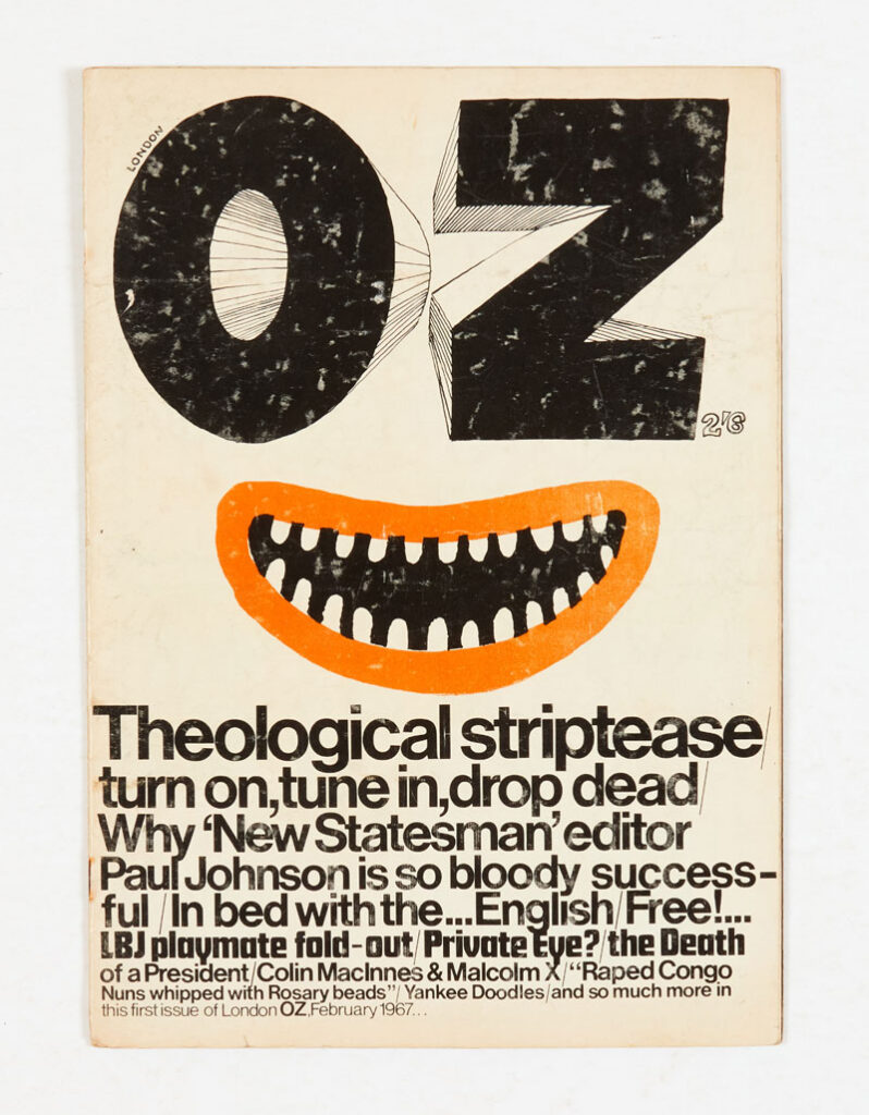 Oz Magazine 1 (1967) Theological striptease cover 'Turn On, tune in, drop dead!' Page 9 spoof Private Eye cover by Gerald Scarfe, In Bed with the English by Germaine Greer. Back cover fold out LBJ madonna draped in Playmate of the Month by Martin Sharp
