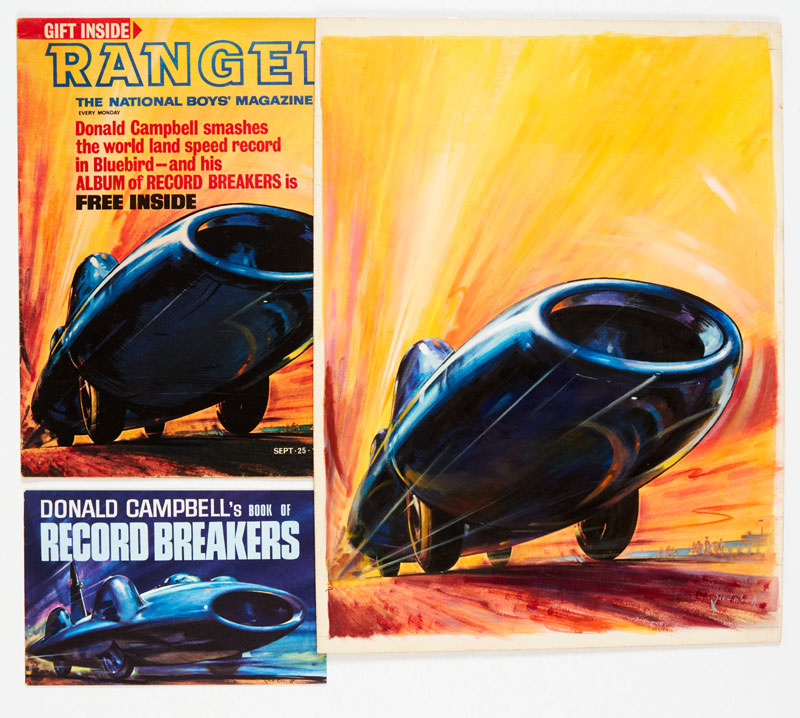 Bluebird original front cover artwork (1965) from Ranger No 2 painted and signed by James E McConnell. Poster colour on board, 18 x 14 ins. With original comic and free gift, Donald Campbell's Book of Record Breakers [fn/vfn]