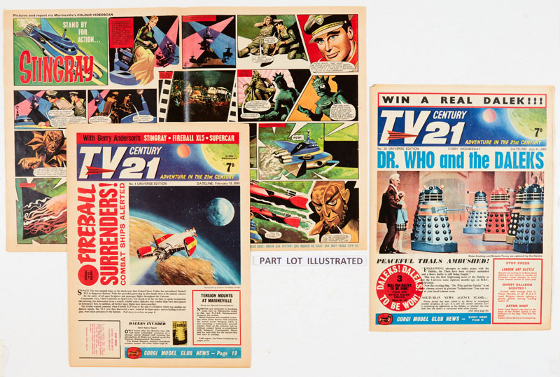 TV Century 21 (1965-69) 1-242 complete run. No 1 wfg Special Agent Identicode Decoder, No 155 wfg Captain Scarlet Album. Gerry Anderson's TV Century 21 achieved iconic status during its 1960s print run. This was largely due to the influence and deployment of the greatest artists of their day in its production. Frank Bellamy and Don Harley drew Thunderbirds, Mike Noble and Don Lawrence took turns at Fireball XL5 and Ron Embleton and Turner drew The Daleks, Stingray and Captain Scarlet. Even Dan Dare's legendary creator Frank Hampson drew Lady Penelope in issues 40-45 and the first few episodes of Fireball XL5. To our knowledge, this is the only complete run to come up for auction and the last 6 issues are notoriously hard to find | From The Woodard Archive of British Comics | 
No 1 has cream/light tan cover and pages [vg+], the free gift has a Special Agent's name & address neatly filled in. No 2 [vg], No 3 [fn-], 4-17 [fn/fn+], No 156: 2 ins lower b/cover cut-out [gd/vg], balance issues 18-242 [fn/vfn/nm] (242)