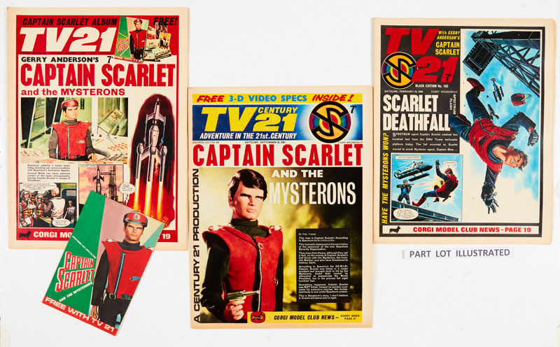 TV Century 21 (1965-69) 1-242 complete run. No 1 wfg Special Agent Identicode Decoder, No 155 wfg Captain Scarlet Album. Gerry Anderson's TV Century 21 achieved iconic status during its 1960s print run. This was largely due to the influence and deployment of the greatest artists of their day in its production. Frank Bellamy and Don Harley drew Thunderbirds, Mike Noble and Don Lawrence took turns at Fireball XL5 and Ron Embleton and Turner drew The Daleks, Stingray and Captain Scarlet. Even Dan Dare's legendary creator Frank Hampson drew Lady Penelope in issues 40-45 and the first few episodes of Fireball XL5. To our knowledge, this is the only complete run to come up for auction and the last 6 issues are notoriously hard to find | From The Woodard Archive of British Comics | 
No 1 has cream/light tan cover and pages [vg+], the free gift has a Special Agent's name & address neatly filled in. No 2 [vg], No 3 [fn-], 4-17 [fn/fn+], No 156: 2 ins lower b/cover cut-out [gd/vg], balance issues 18-242 [fn/vfn/nm] (242)