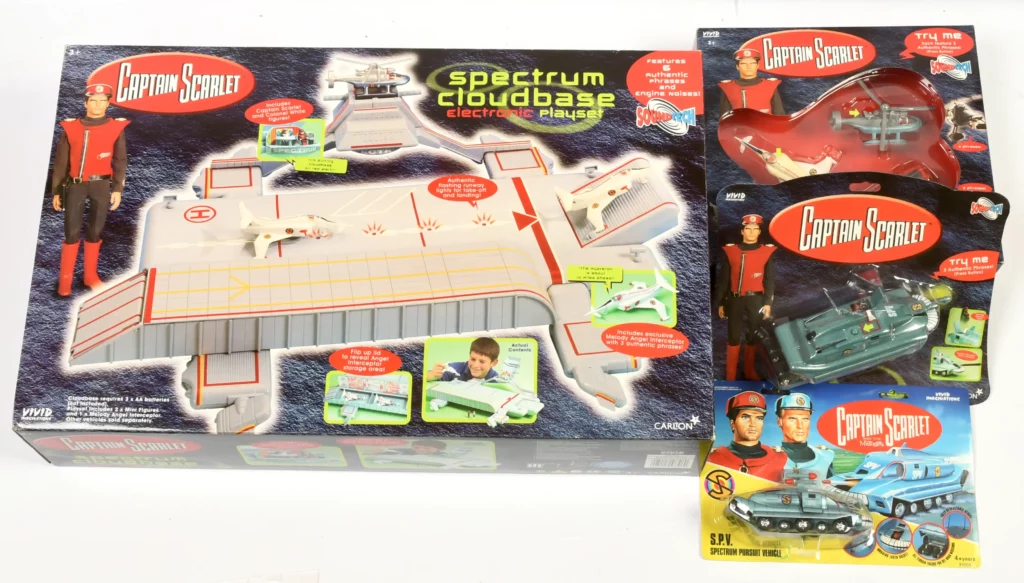 Vivid Imaginations Captain Scarlet vehicles and playset includes Spectrum Cloudbase electronic playset, Soundtech Spectrum vehicle collection, Soundtech Spectrum Pursuit Vehicle, Captain Scarlet and the Mysterons S.P.V. Spectrum Pursuit Vehicle, all Mint, within Excellent sealed packaging