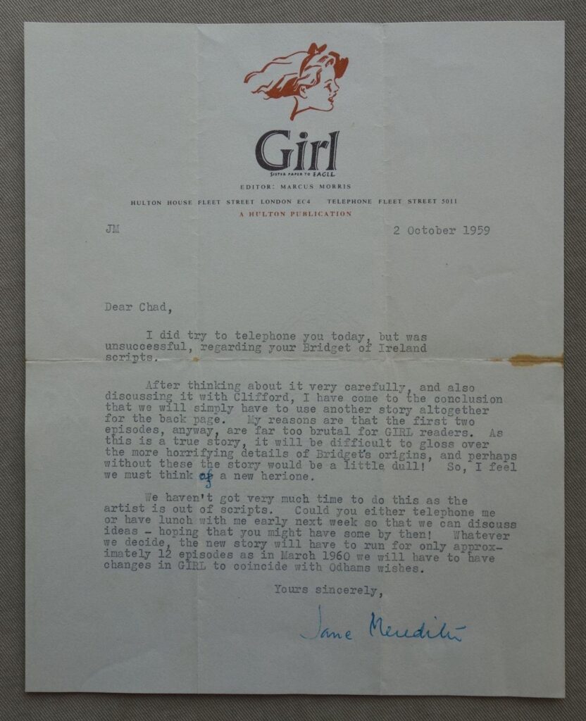 Girl comic Editorial Letter to Chad Varah dated 2nd October 1959 on Girl headed paper. A rarely seen letter from a staff member on Girl - Jane Meredith - in correspondence with script writer Chad Varah. It gives a fascinating insight into the workings of the comic, and the ownership of the company, at the time. Dated 2nd October 1959, the letter measures 10 x 8 inches and is folded in half and then into thirds. A 1 x 1/8 inch stain to the right hand centre crease line, visible from the front and slight foxing type stains across this centre line to the rear. 