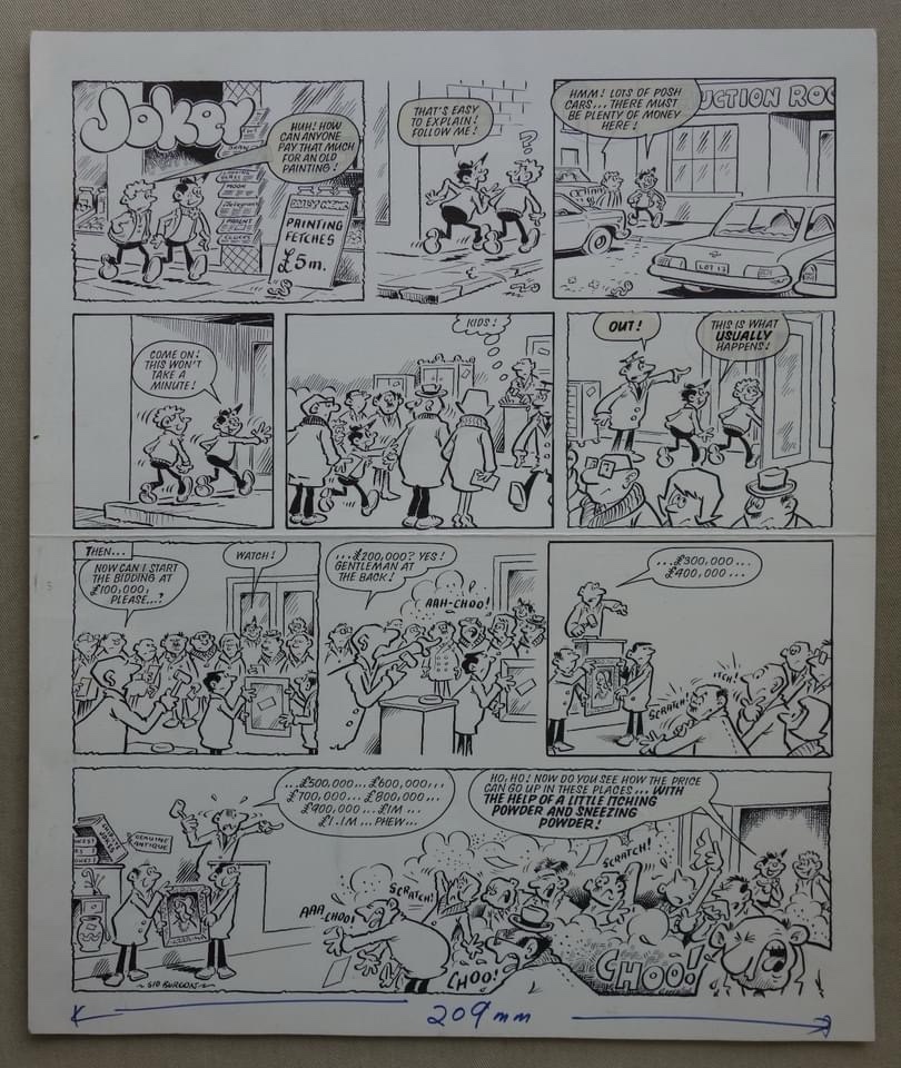 A single page of original artwork making up the full story of a “Joker” strip drawn and signed by Sid Burgon for the pages of either Whizzer and Chips or Buster in, presumably in the mid 1980s. Art by Sid Burgeon, with his signature to the last panel.