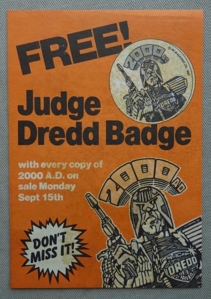 2000AD Comic Rare Flyer 1980 Free Gift Judge Dredd Badge Prog 178