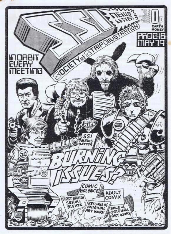 May 1979 'Society of Strip Illustration Newsletter' edited by Kevin O'Neill and Nick Landau. Cover features (clockwise) each artist drawing themselves as a character from 2000AD. Clockwise: Kevin O'Neill, Dave Gibbons, Nick (drawn by Brian Bolland), Bolland, and Mick McMahon. Joint copyright to each artist.