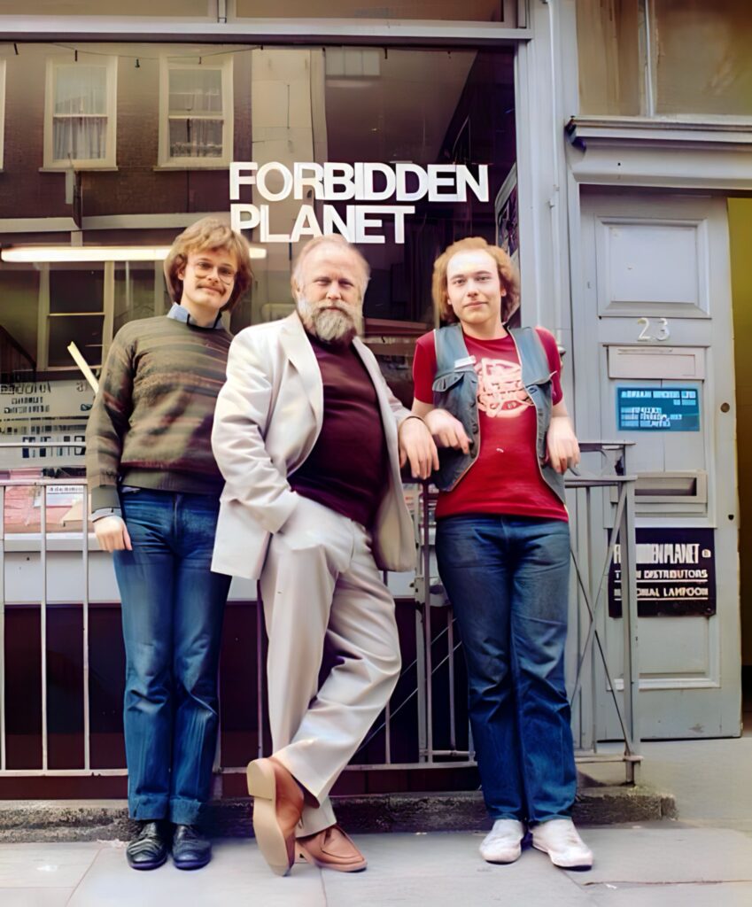 Nick Landau, Frank Herbert and Stan Nicholls, outside the original London Forbidden Planet, 4th July 1981