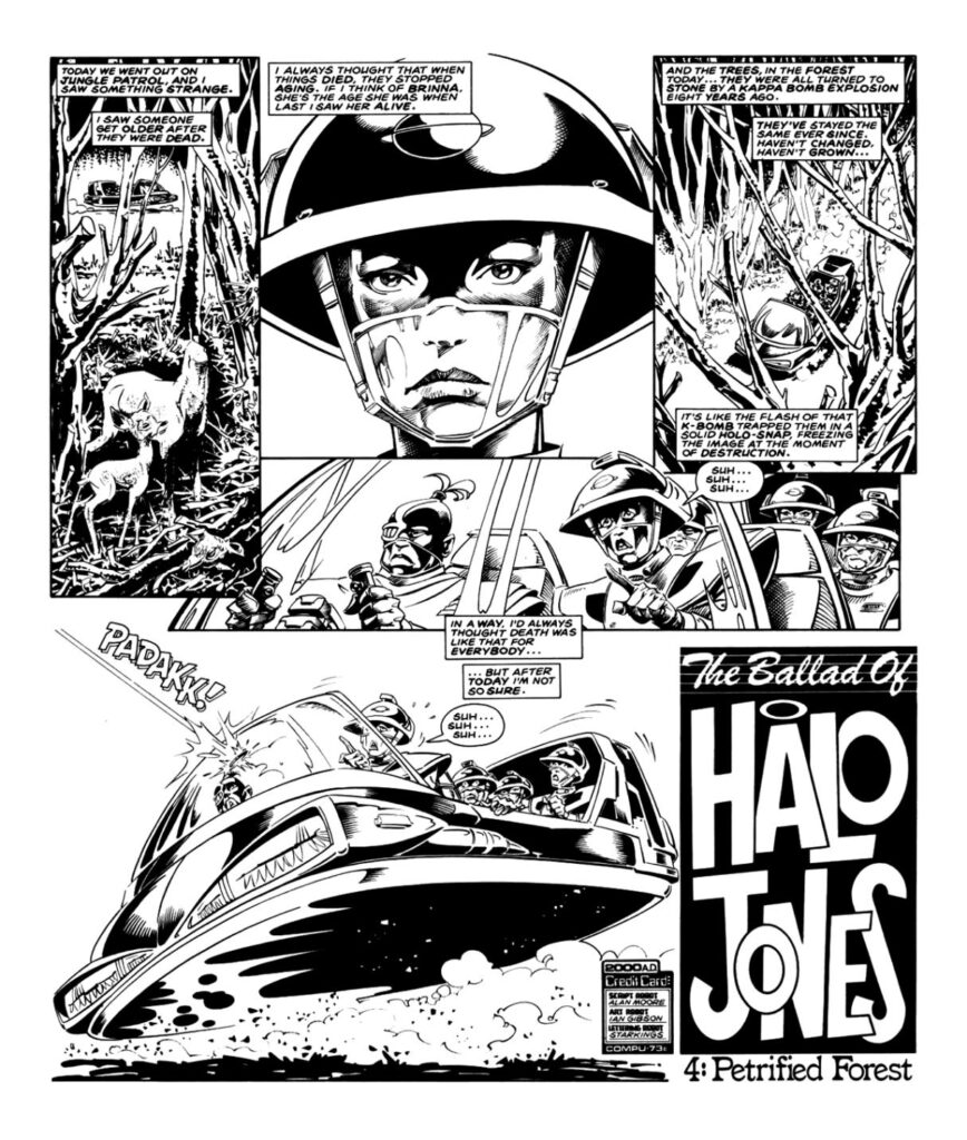 The opening page of “The Ballad of Halo Jones” from 2000AD Prog 455, written by Alan Moore, art by Ian Gibson, lettered by Richard Starkings