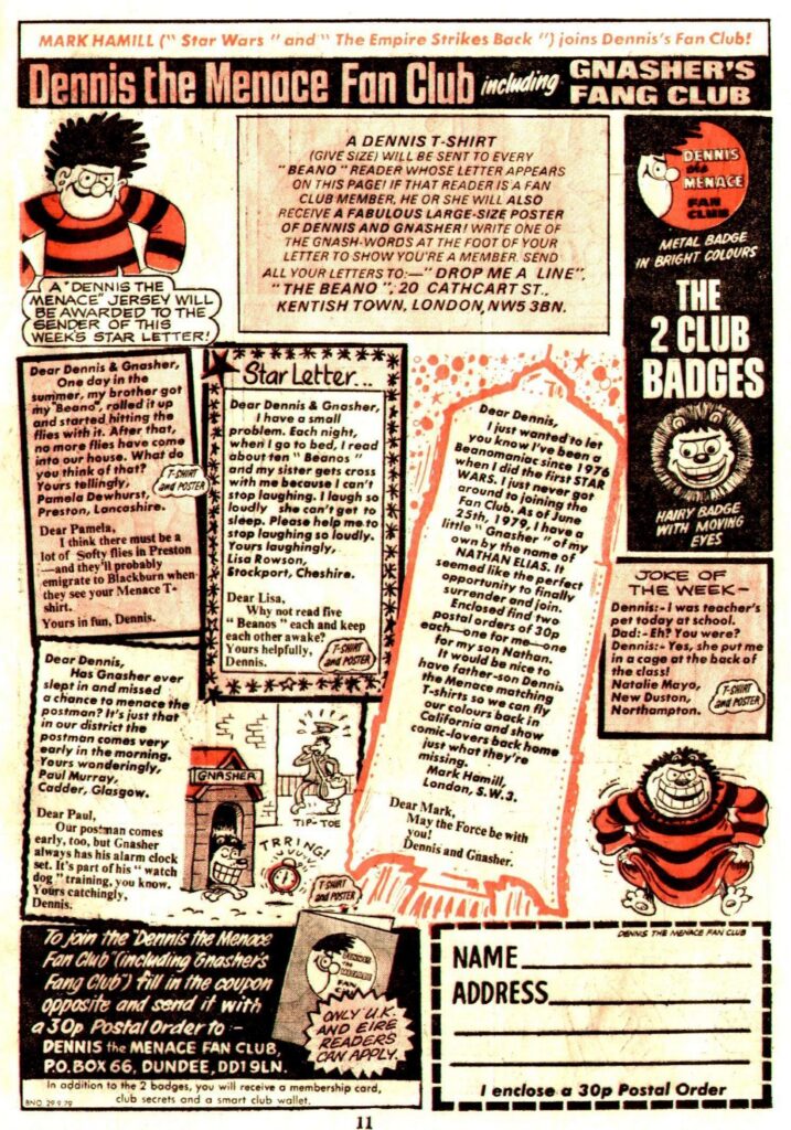 BEANO No. 1941, cover dated 29th September 1979 - Fan Club Page featuring a letter from Star Wars actor Mark Hamill