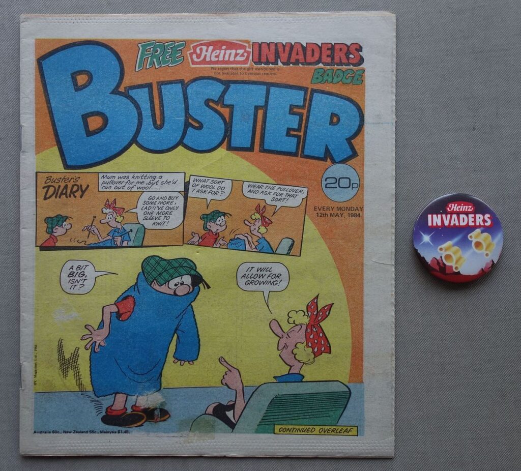 Buster cover dated 12th May 1984 With Free Gift - Heinz Invaders badge