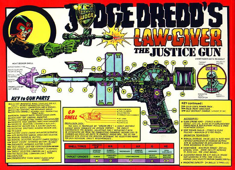 Pat Mills recalls Ian Gibson was as excited by the way Judge Dredd was working out as the readers. "He designed the earliest version of the Lawgiver gun as a special feature", he recalls. "He'd always had that techno ability, going back to first issue of Battle, when he drew the Krummlauf German gun that fired around corners." (Thanks to Peter Briggs for posting a scan)