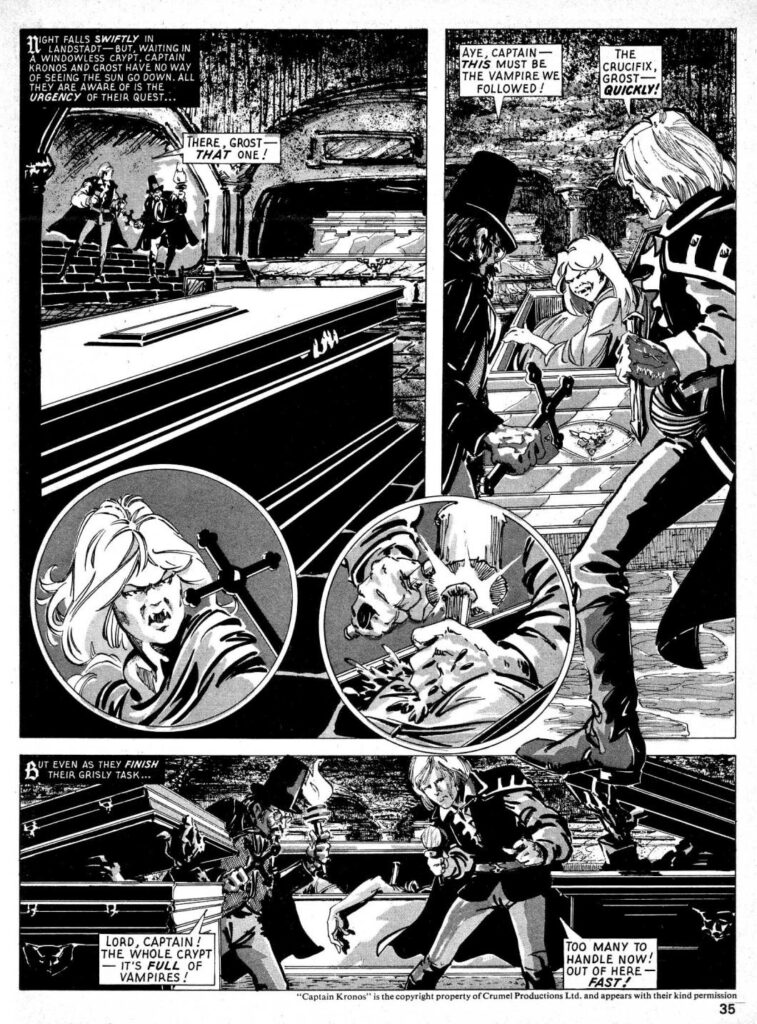 The opening page of a recap of "Captain Kronos", for House of Hammer No. 1, published in 1976, art by Ian Gibson