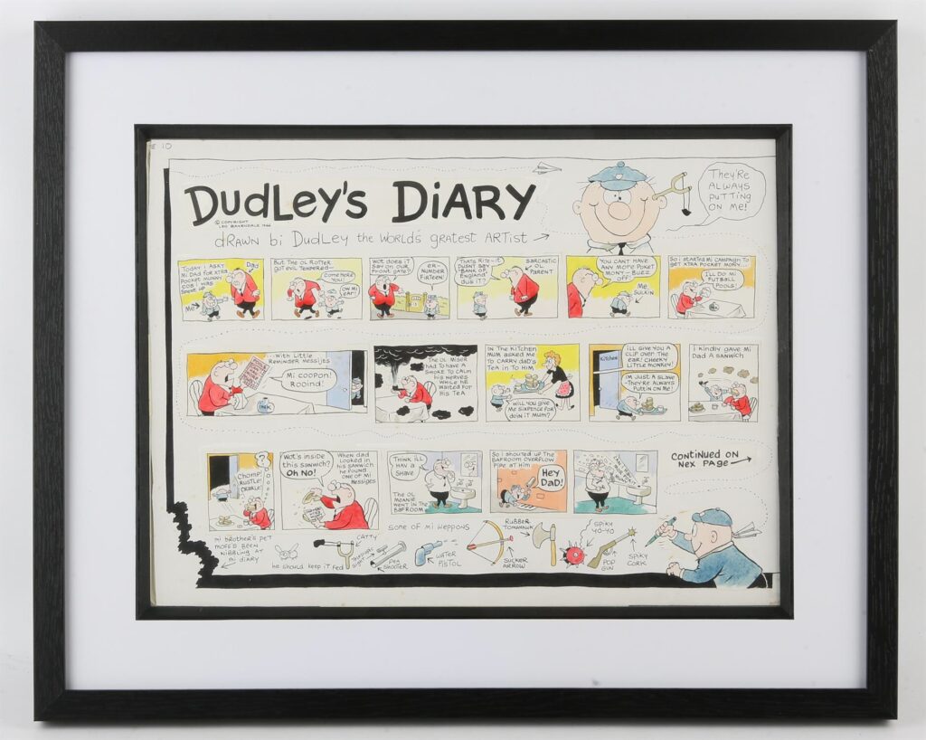 “Dudley’s Diary” art for Leo Baxendale unpublished “Super Comic” (Date unknown, auctioned by Ewbank’s in December 2023)