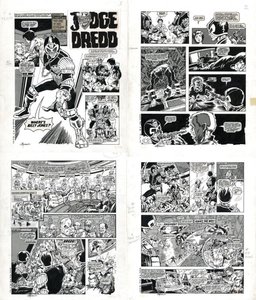 Pages from "Billy Jones", a Judge Dredd story first published in 2000AD Prog 38, written by John Wagner, art by Ian Gibson