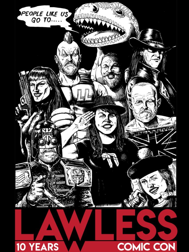 The Lawless 10th Anniversary T-Shirt is the work of Steve Austin, with a nod to the classic Forbidden Planet ad created by Brian Bolland, who has given his kind permission for the homage