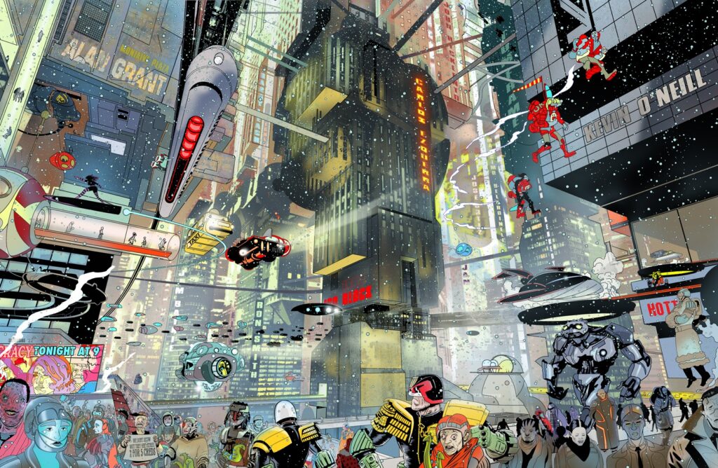 Mega City One art by Stewart Kenneth Moore for Judge Dredd Megazine 451