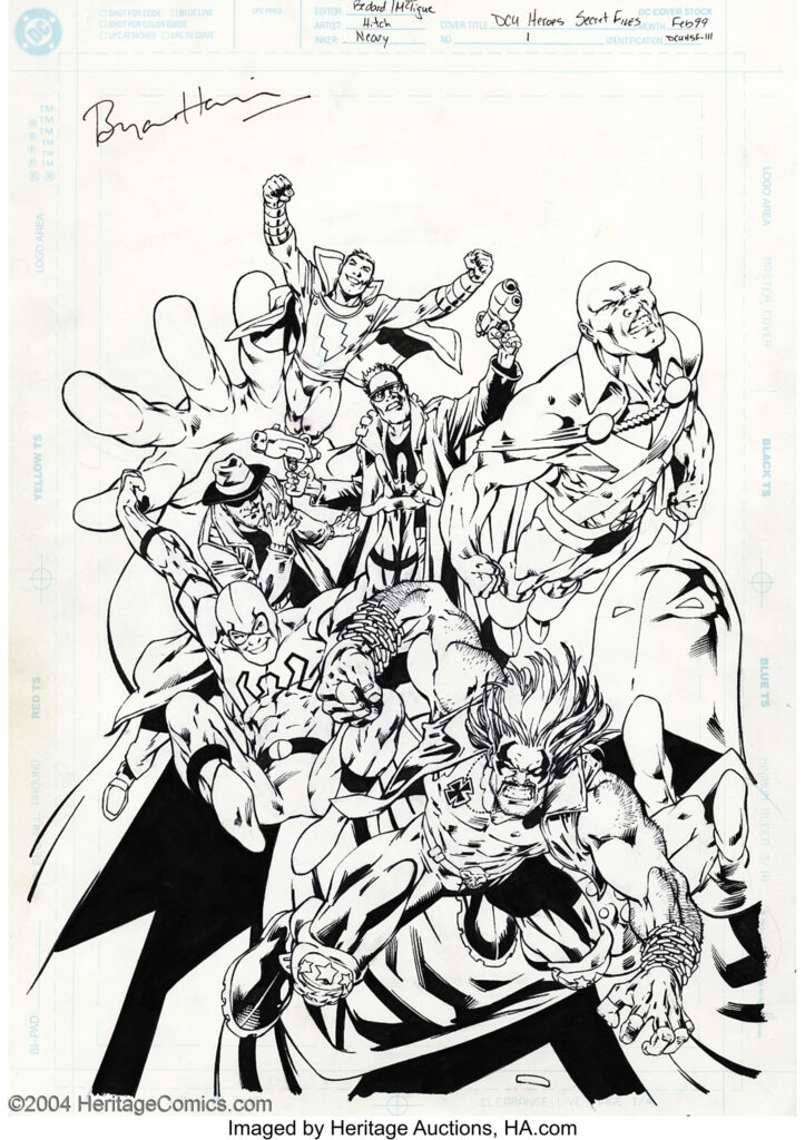 Bryan Hitch and Paul Neary - Original Cover Art for DCU Heroes Secret Files (DC, 1999). Brian Hitch and Paul Neary draw a squad of DC super-heroes: Captain Marvel, Martian Manhunter, Blue Beetle, Lobo, Dr. Fate, and more. The art paper measures 11.25" x 17", with an image area of 10.25" x 15.5". This great piece, featuring a gaggle of your favorite DC heroes, is in excellent condition, and is eminently frameable. Signed by Bryan Hitch at the upper left.