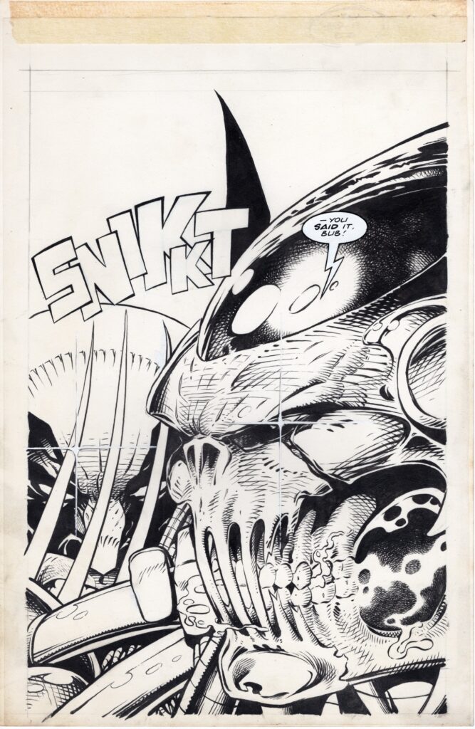 Death's Head II cover by Paul Neary (Pencils) and Liam Sharp (Inks). “In the early 90s there was another British Invasion, and although it might not have been as big as the Beatles .. it was Big and lead by a revamped Deaths Head,” notes art owner  Jason D'Ambrosio. “Deaths Head II hit the comic scene hard…Liam Sharp’s design was pretty perfect for the time and marvel loaded up on X-men crossovers… so I’m very happy to add this memorable cover of DH and Wolvie… I’m usually not a huge fan of head shot covers they aren’t always my favourite… but covers with text are and a cover Snikt is pretty awesome!"