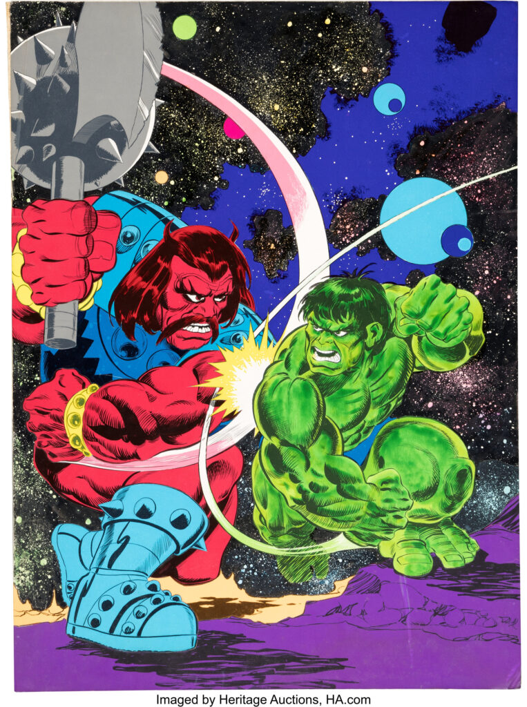 Paul Neary Hulk Annual #1982 Cover Original Art (Marvel UK, 1982). Veteran UK artist Paul Neary depicts the emerald giant in interplanetary fisticuffs with a mustached red alien of equal stature on this cover of Marvel UK annual containing reprints of early Bronze Age Hulk stories. Rendered by Neary in mixed media on stat paste-ups for a collage affixed to an artist board with an image area of 15.75" x 21.5". Some white paint is used in art. In Very Good condition.