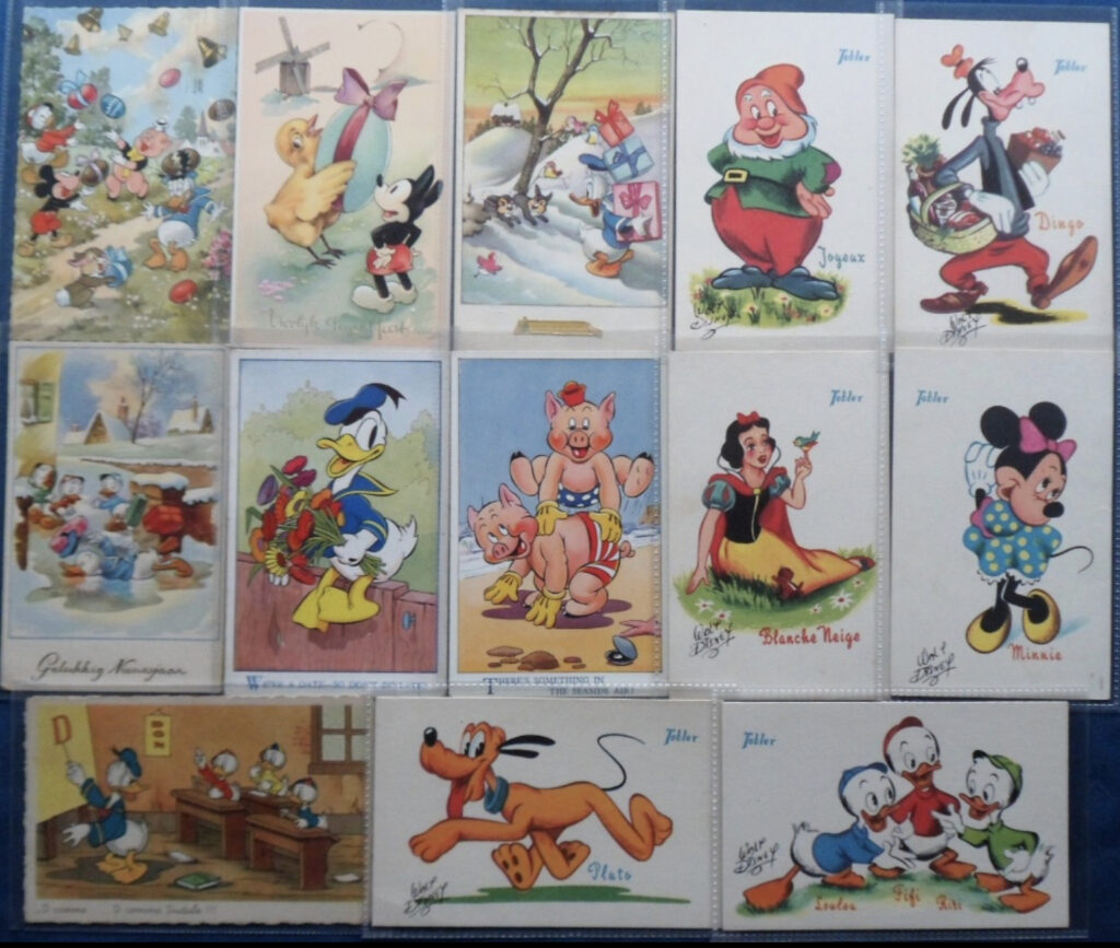 Postcards, Disney, a selection of 14 cards including Snow White and the 7 Dwarfs, also including 'Harry Benet's stage panto!', 'Water Babies', and six continental size cards of Pinocchio published in Italy