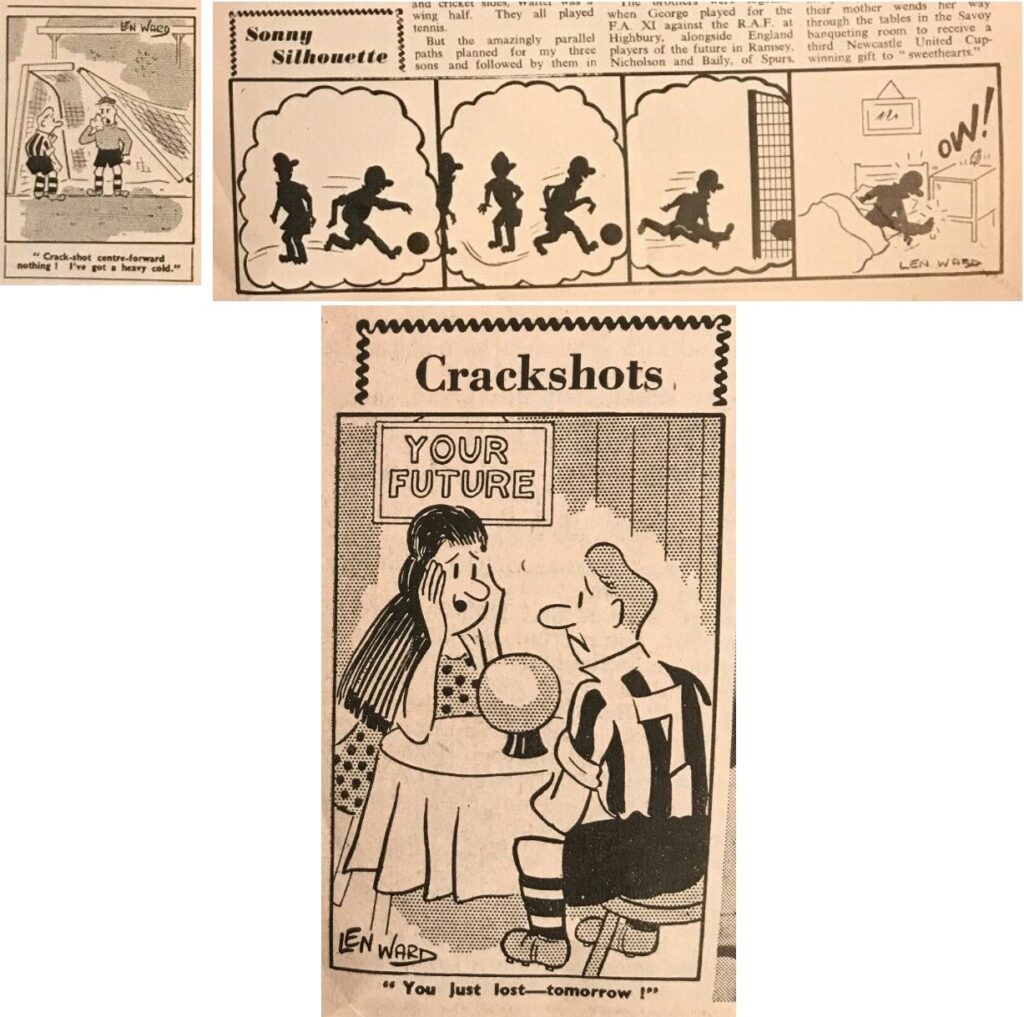 Cartoons by Len Ward for "Raich Carter's Soccer Star" magazine for the issue dated November 1952. Was he also TV Times first art editor?
