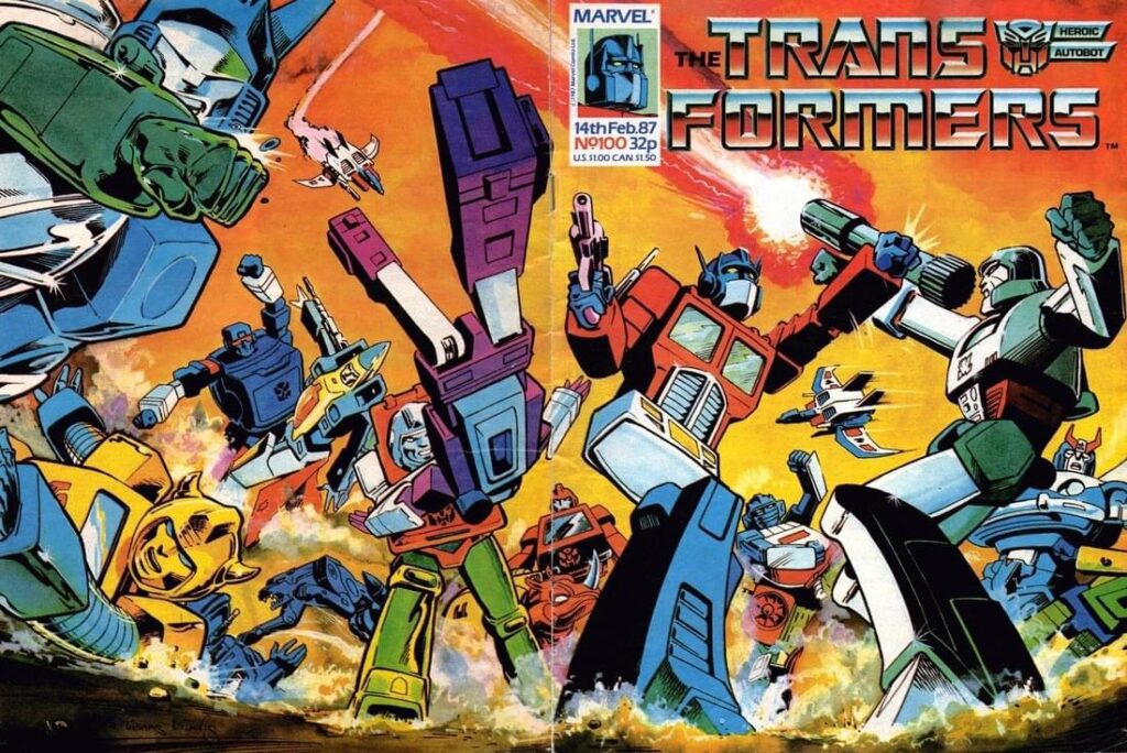 Marvel UK’s 100th issue of Transformers, cover dated 14th February 1987, cover art by Alan Davis, also the focus of a competition inside to name all the characters featured (not including the green fist, though we’re betting some did) ©️ Marvel Comics/ Hasbro. Solar Pool, which offers an issue-by-issue guide to the title, notes the issue includes a celebratory  “Robo-Capers”, by Lew Stringer, with the leader of Planet Zip annoyed that since the strip first appeared in issue 15 they’ve totally failed to destroy the Earth!