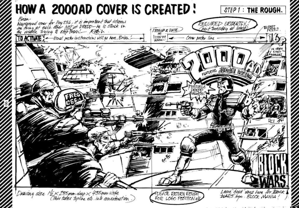 The concept for the “Block Mania” cover for 2000AD Prog 236, designed by art editor Robin Smith, as featured in the 1984 2000AD Annual. 2000AD fan Mac Mac Anorak has previously noted Robin conceived and produced roughs for a significant number of 2000AD’s covers during his almost 400 prog tenure. ©️ Rebellion Publishing Ltd