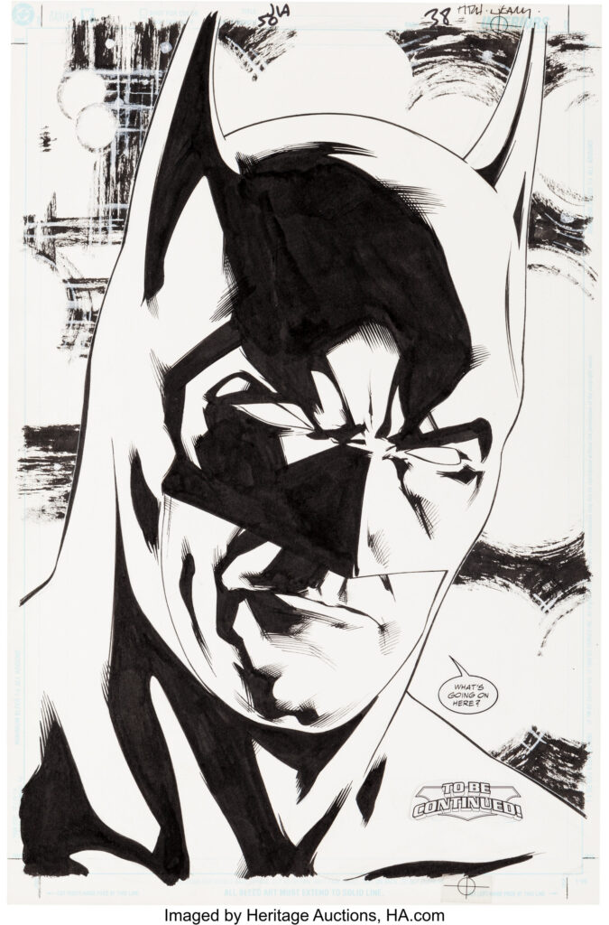 Bryan Hitch and Paul Neary JLA #50 Batman Splash Page 38 Original Art (DC, 2001). The Cowled Crusader gets some serious face time in this closing splash for the yarn in which the League is divided over a conflict regarding their vote to eject Batman from the team. Meanwhile, a threat looms in the Watchtower. Ink and graphite on DC art board Bristol, with an approximate image area of 10.5" x 16". In Excellent condition.