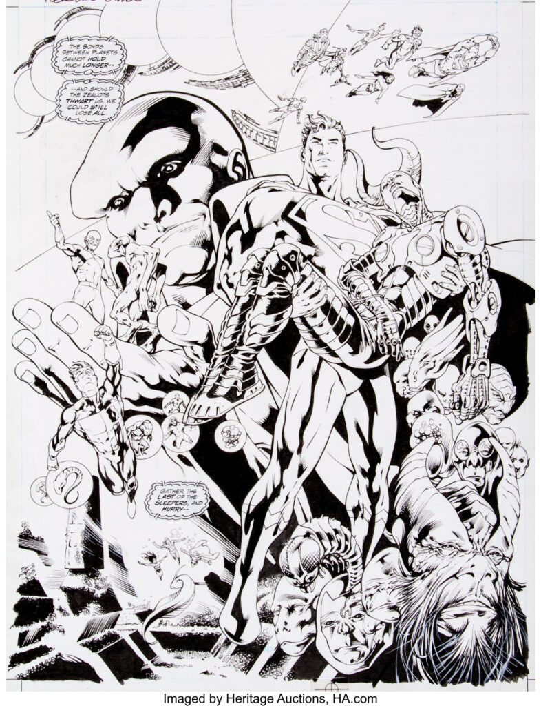 Bryan Hitch and Paul Neary JLA: Heaven's Ladder Splash Page Original Art (DC, 2000). The Grant Morrison/Mark Waid-era iteration of the Justice League features prominently on this great splash page by Hitch and Neary, from the 72-page prestige format one-shot written by Waid. Superman, Wonder Woman, Flash, Green Lantern, Martian Manhunter, the Atom, Aquaman, Plastic Man, and Steel are all visible in varying degrees. Ink over graphite on Bristol board with an image area of 13.5" x 18". In Excellent condition.