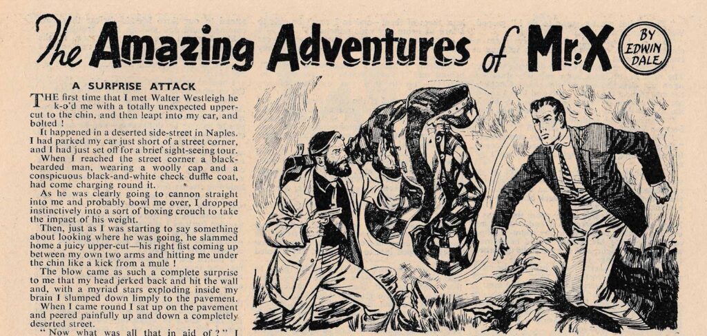 "The Amazing Adventures of Mr. X", for Lion, cover dated 12th July 1957, art for “Marooned Shipmates of Shark Island”, art by John M. Burns
