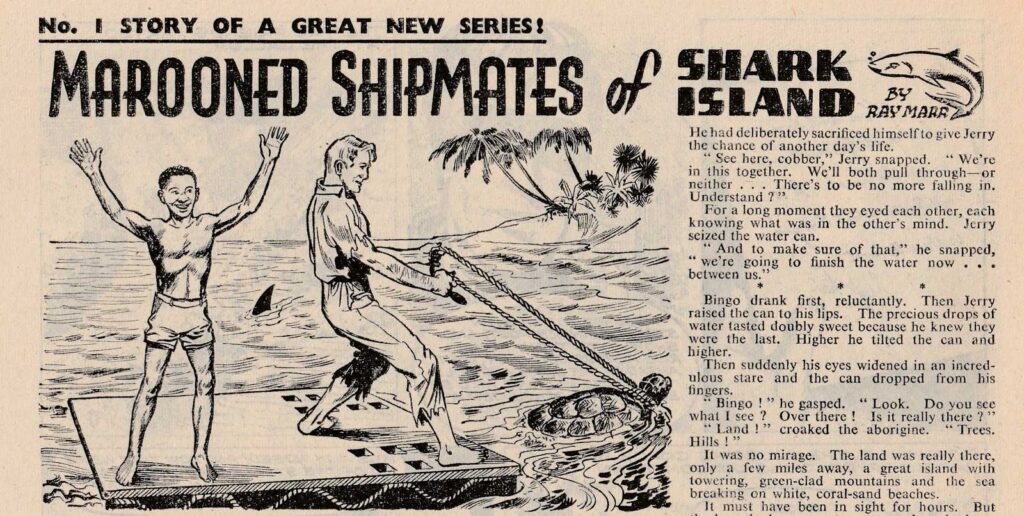 "The Amazing Adventures of Mr. X", for Lion, cover dated 14th September 1957, art for “Marooned Shipmates of Shark Island”, art by John M. Burns