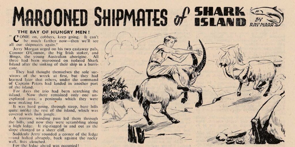 "The Amazing Adventures of Mr. X", for Lion, cover dated 1st April 1958, art for “Marooned Shipmates of Shark Island”, believed to be by John M. Burns