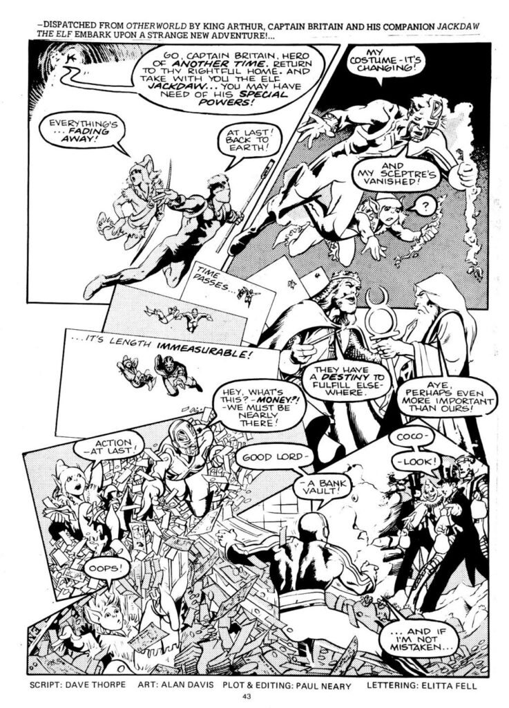 The opening page of "Captain Britain" by David Thorpe and Alan Davis, from Marvel Super-Heroes #377