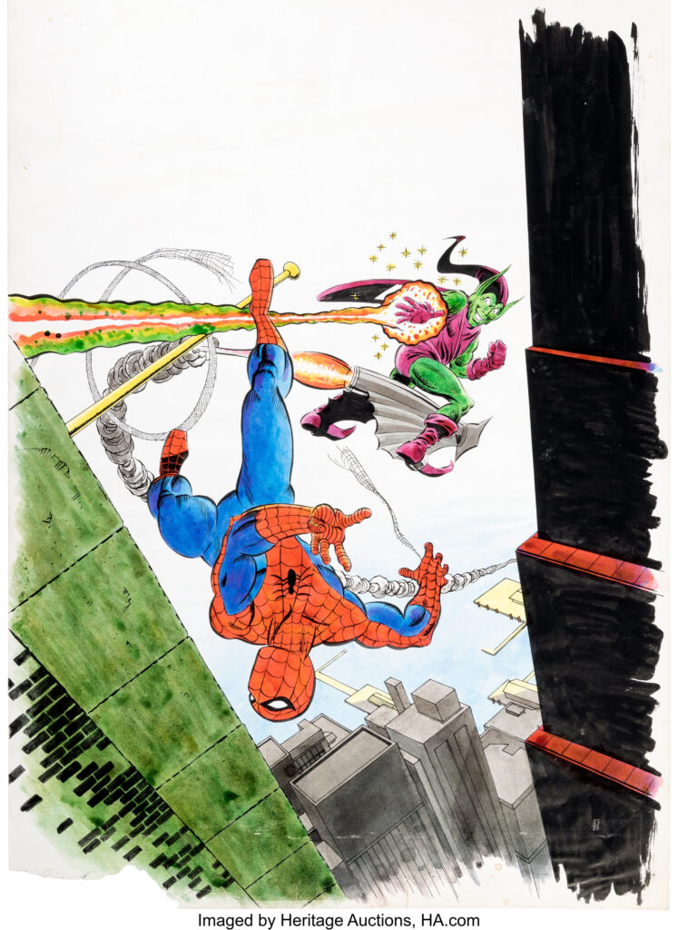 Paul Neary Spider-Man Annual Cover Original Art (Marvel UK, 1980). Green Goblin and Spider-Man tangle in the air, in this action-packed cover for a Marvel UK annual containing reprints of classic Spider-Man stories. Mixed media on parchment paper with an image area of 15" x 20.5". Piece missing from the bottom right corner, staining, toning, and small tears. In Good condition.