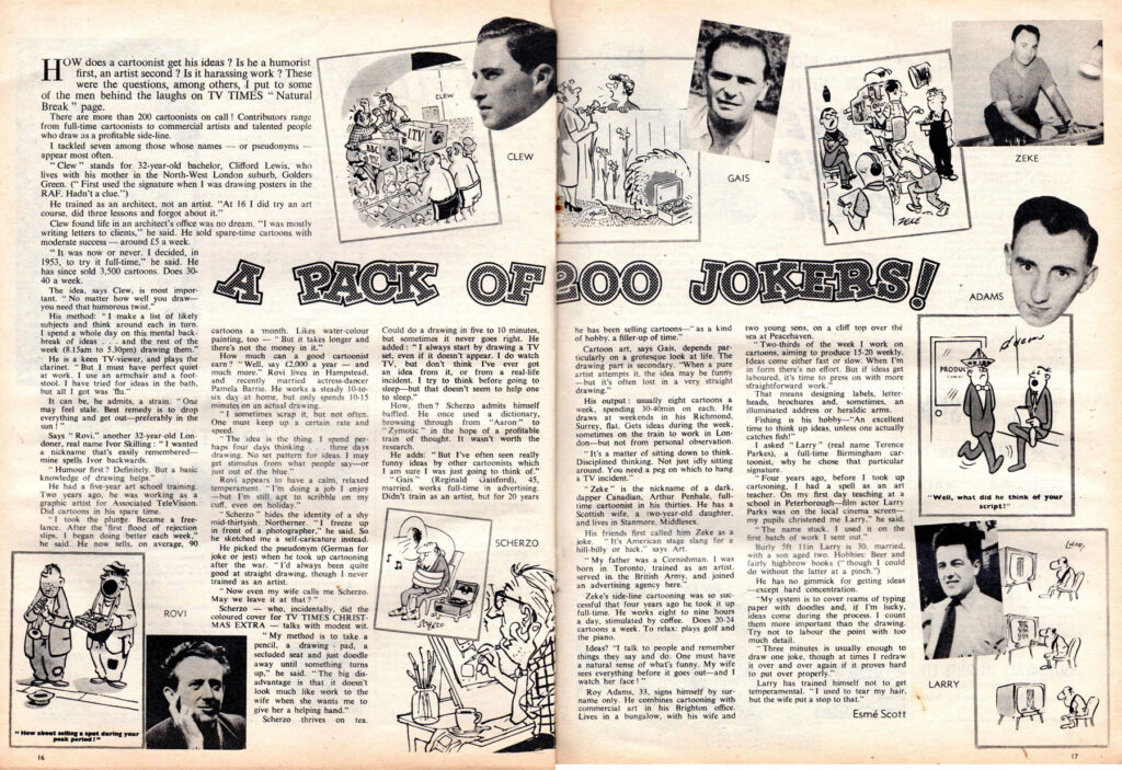 A feature on TV Times, scanned from the issue dated 25th January 1959, revealing just how many cartoonists battled for a place in the "Natural Break" section