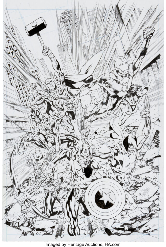 Bryan Hitch and Paul Neary The Avengers #12.1 Cover Original Art (Marvel, 2011). They're coming your way -- Captain America, Wolverine, Hawkeye, Spider-Man, Spider-Woman, Thor, and Iron Man! Quite a line-up, don't you think? Dynamic Modern Age art from the team of Bryan Hitch (pencils) and Paul Neary (inks), from a recent Avengers series. The art is in ink over graphite and blue pencil, drawn nearly edge-to-edge on Bristol board; approximate image area is 15.25" x 17". Excellent condition.