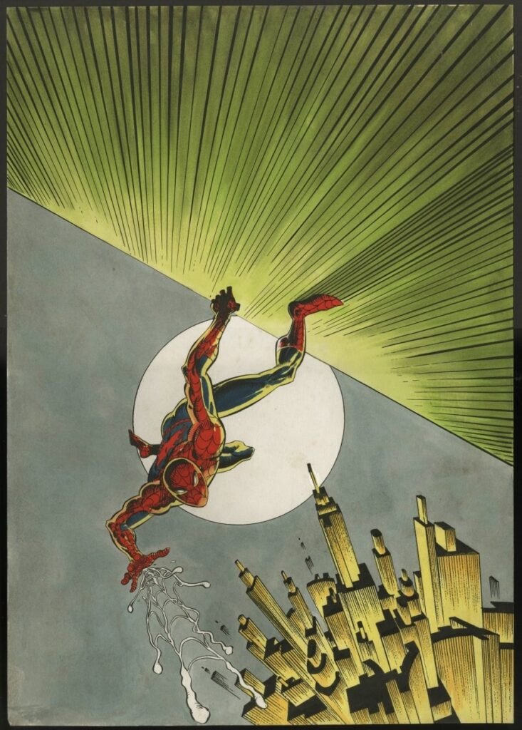 Paul Neary - The Daredevils #2 - Painted Spider-Man poster, 1983; image size 15" x 21.5" https://www.comicartfans.com/GalleryPiece.asp?Piece=1969001