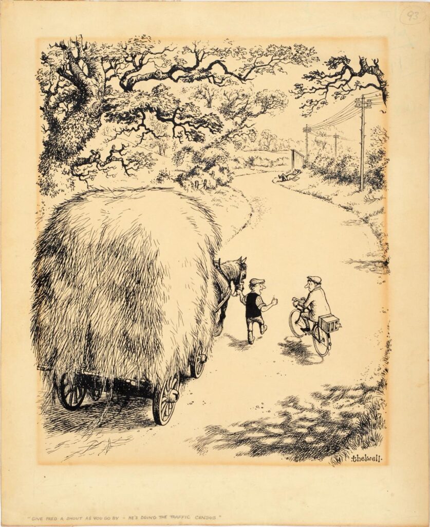 Norman Thelwell (1923-2004) - "Give Fred A Shout As You Go By - He's Doing The Traffic Census"; a cartoon, possibly intended as a book illustration, signed thelwell in the lower-right margin, the base of the sheet titled in pencil, contemporary mount also titled by the same hand, pen-and-ink on Winsor & Newton paper, their blind-stamp to upper-right corner, the sheet 34 x 28cm (Mellors and Kirk auction, 2024)