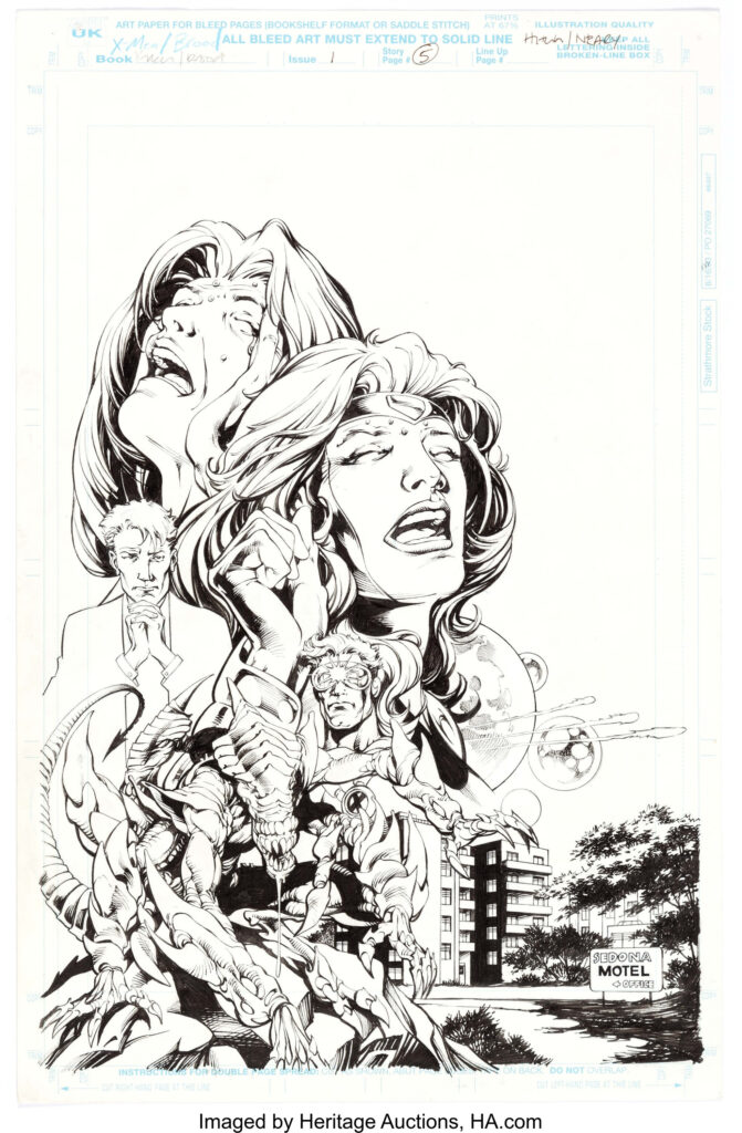 Bryan Hitch and Paul Neary X-Men/Brood #1 Splash Page 5 Original Art (Marvel, 1996). Jean Grey and Cyclops are among the featured characters on this page from the two-part miniseries. Ink over graphite on Marvel UK Bristol board with an image area of 10.5" x 15". In Excellent condition.