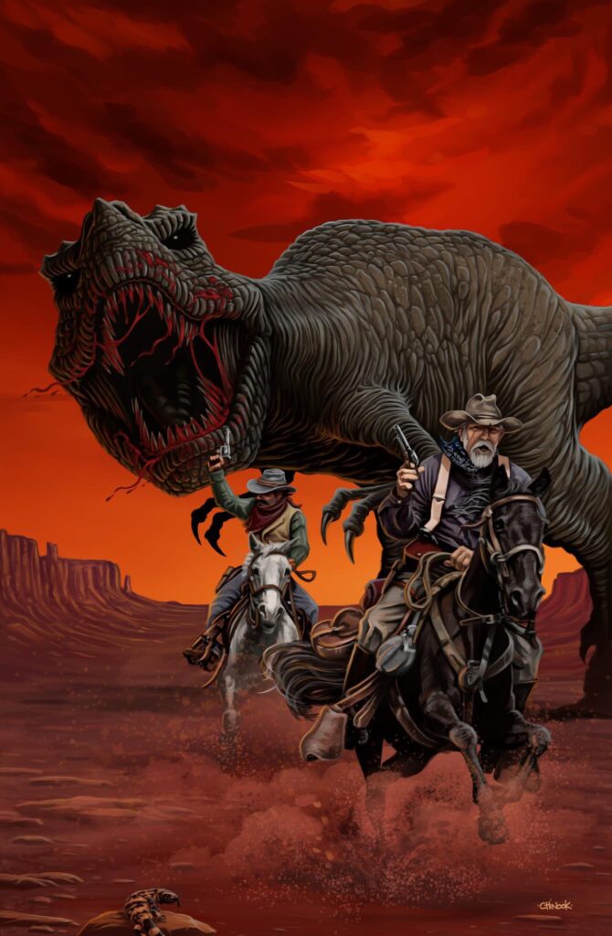 Promotional art for Dinosaurs vs Cowboys by Si Chinook
