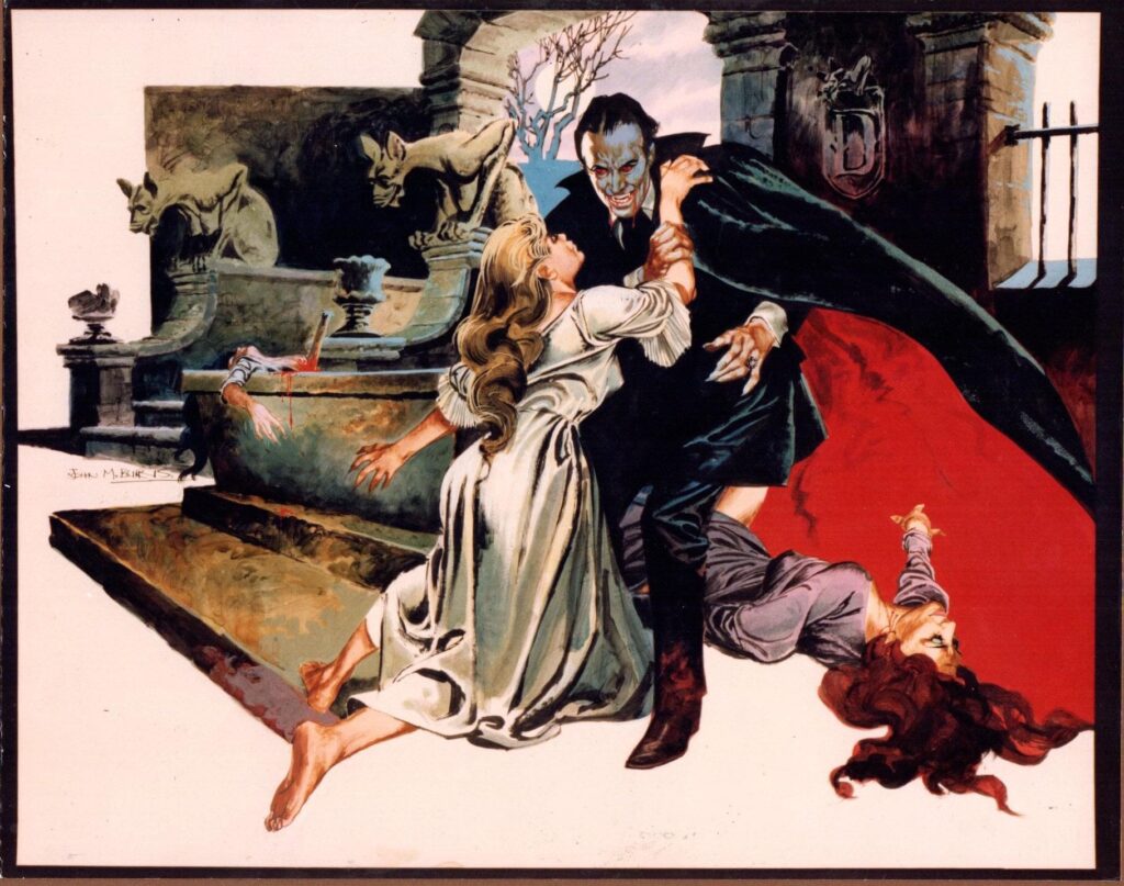 Dracula by John M. Burns, commission for Palladium Cellars in 1980, a rival to Madam Tussauds. The  illustration later ran as part of an article in Action Annual 1982. With thanks to David Roach