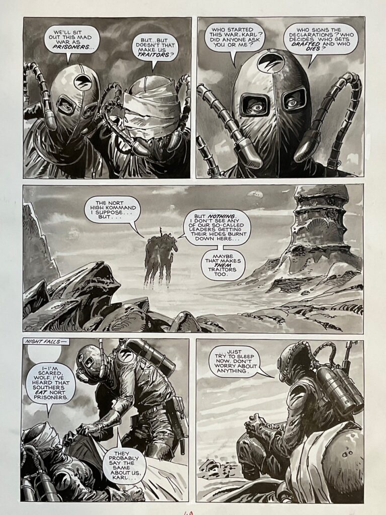 A moody original pen and ink wash artwork by José Ortiz’s for the story Rogue Trooper story, “The Fanatics”, written by Pete Milligan, lettered by Tony Jacob, first published in 1986 for the 2000AD Sci-Fi Special