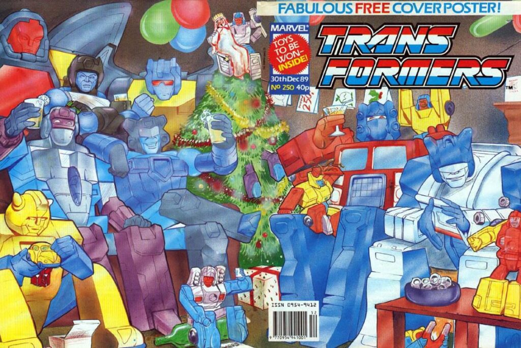 Marvel UK’s 250th issue of Transformers, cover dated 30th December 1989, cover art by Andrew Wildman, via Lew Stringer ©️ Marvel Comics/ Hasbro. Sadly, as The Solar Pool notes here, this was the last issue to the final big issue to feature original comic content, although there’s plenty of that - including a Marvel Christmas party strip from Lew