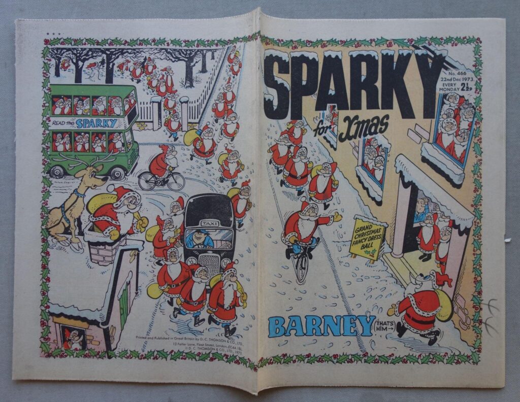A festive Sparky, No. 466 cover dated 22nd December 1973, via Phil Shrimpton, cover art by Bill Ritchie ©️ DC Thomson Media