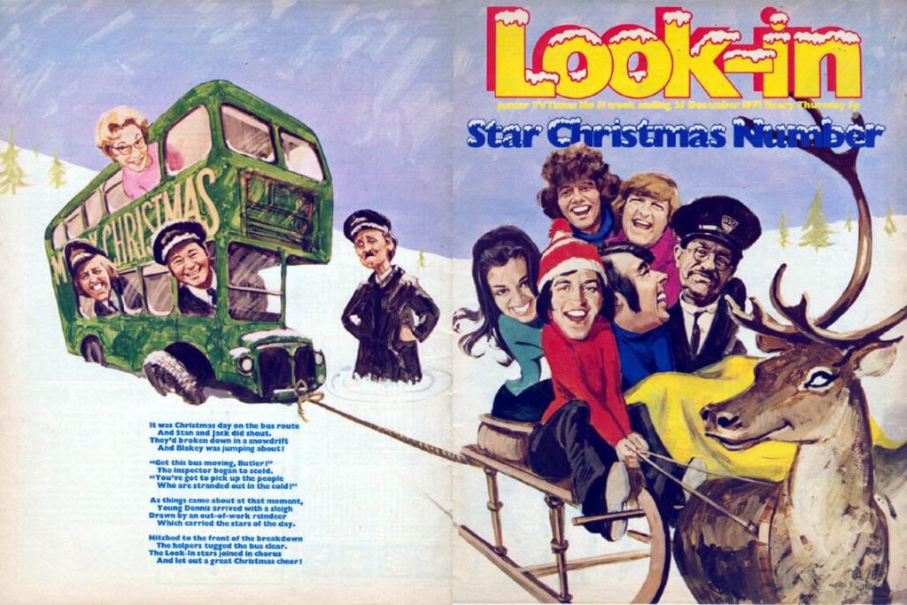 A Christmas Look-in, cover dated 25th December 1971, via Lew Stringer. The wraparound cover above is by Arnaldo Putzu, who was the comic's regular cover artist and an illustrator of film posters of the day ©️ Rebellion Publishing